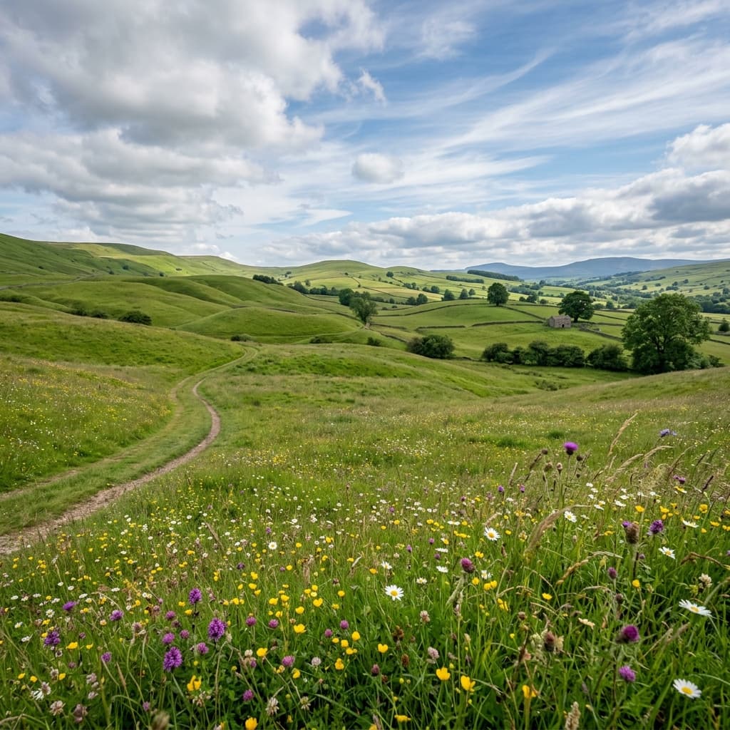 Rolling grasslands with grazing animals