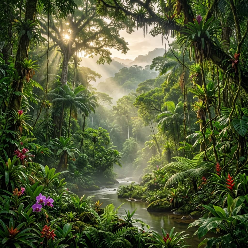 Sunlight breaking through tall forest trees