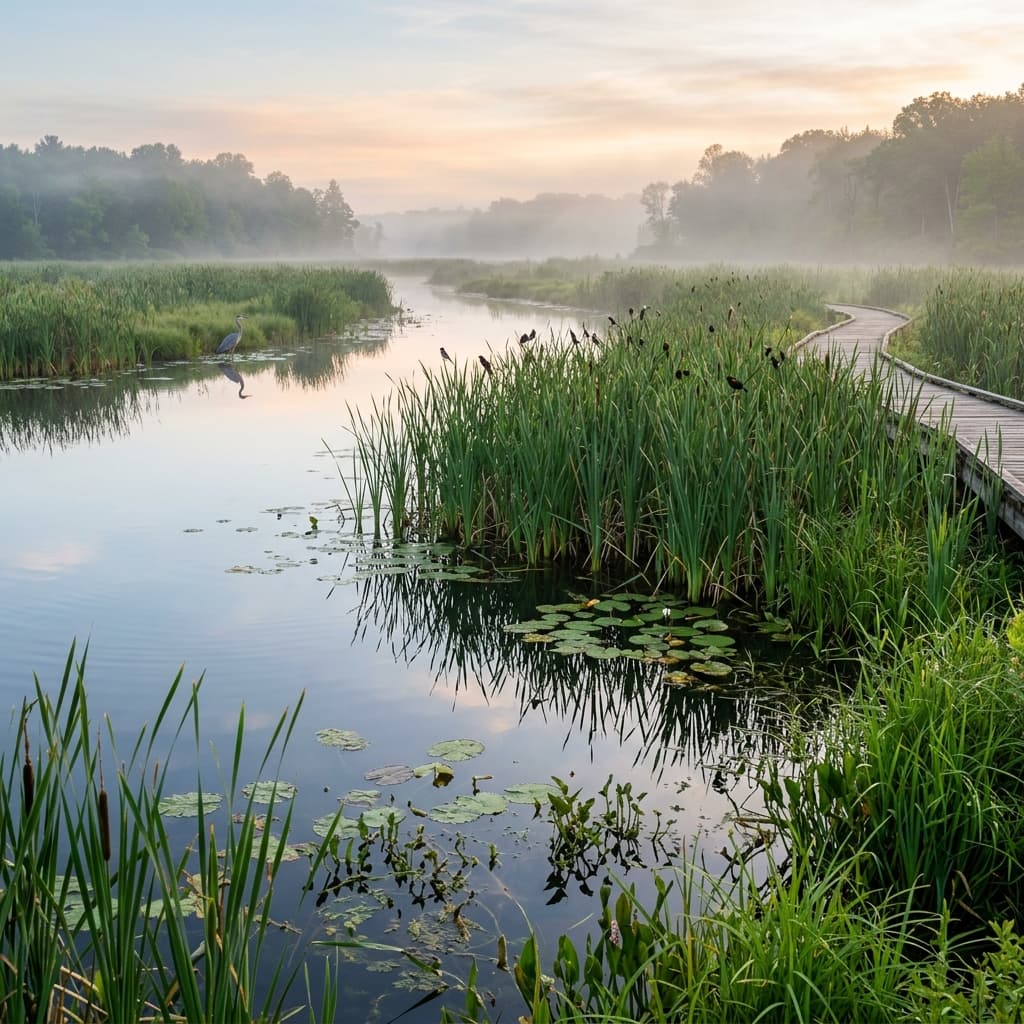 Calm wetland with reeds and reflections